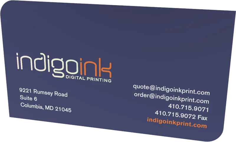 Indigo Ink business card — holographic foil, soft touch laminate and rounded corners sample