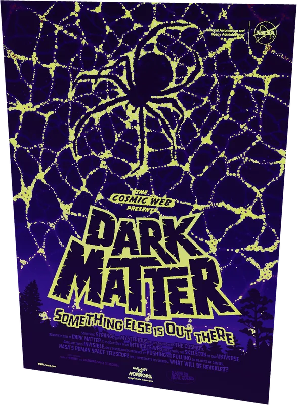 Dark Matter poster under blacklight — the invisible yellow web glowing
