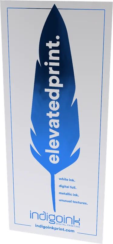 Feather bookmark — blue foil feather and type on white silk cover stock sample