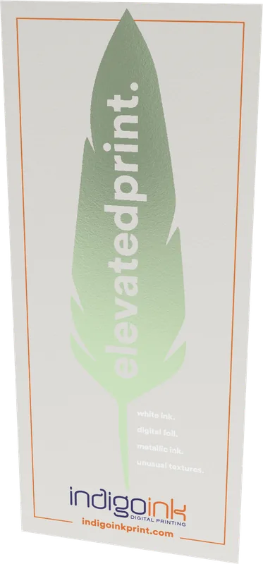 Feather bookmark — full colour artwork over metallic ink and a white primer on eggshell stock sample