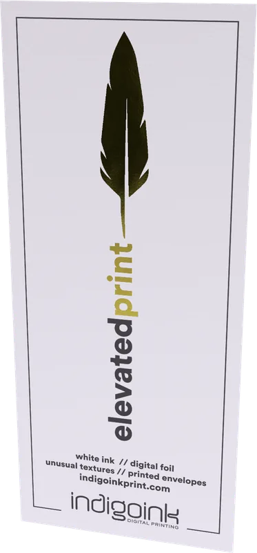 Feather bookmark — gold foil feather and black ink type on white cover stock sample