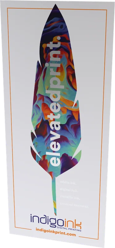 Feather bookmark — full colour artwork over metallic ink on silk cover stock sample