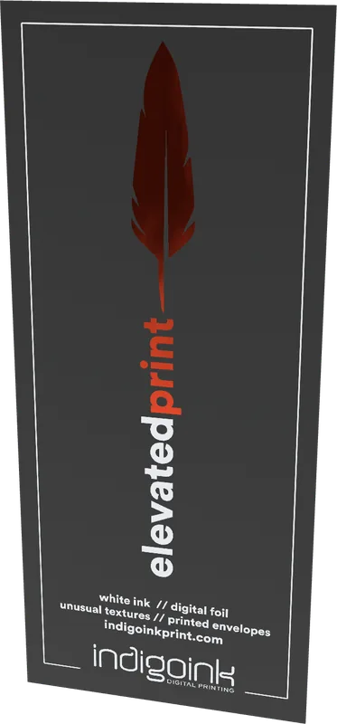 Feather bookmark — red foil feather and white ink type on black stock sample