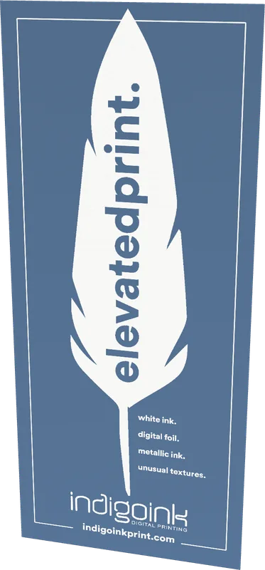 Feather bookmark — white ink feather and type on blue cover stock sample