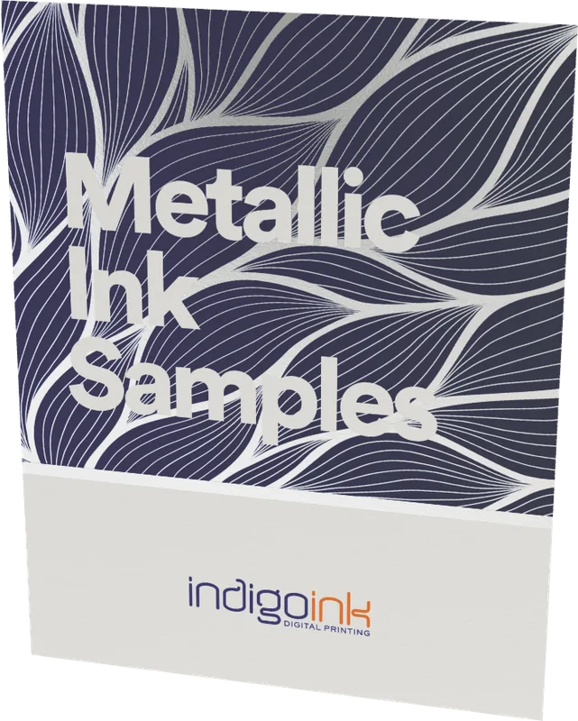 Metallic Ink Samples swatch book — metallic ink over white ink on eggshell text, folded in half