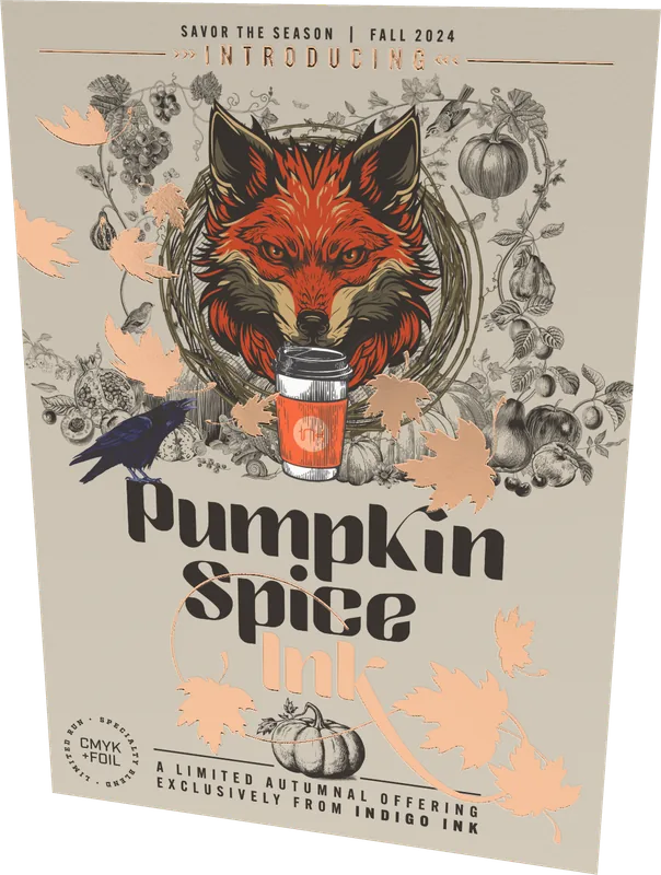 Pumpkin Spice postcard — copper hot foil stamp and white ink on tan stock sample