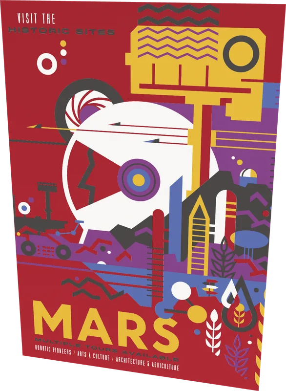 Mars travel poster — white ink under process colour on red stock sample