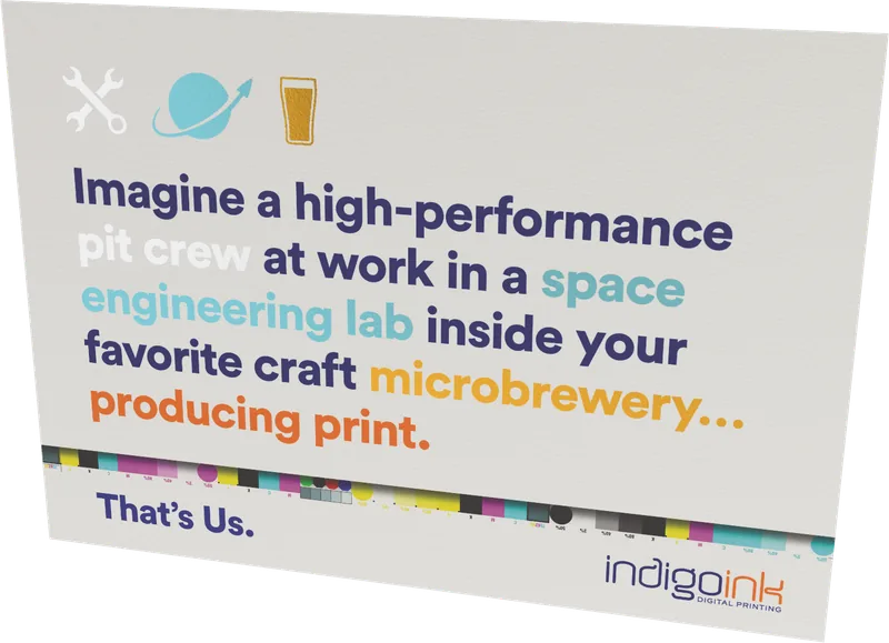 That’s Us postcard — metallic ink over white ink, tinted teal and amber by CMYK, on eggshell cover