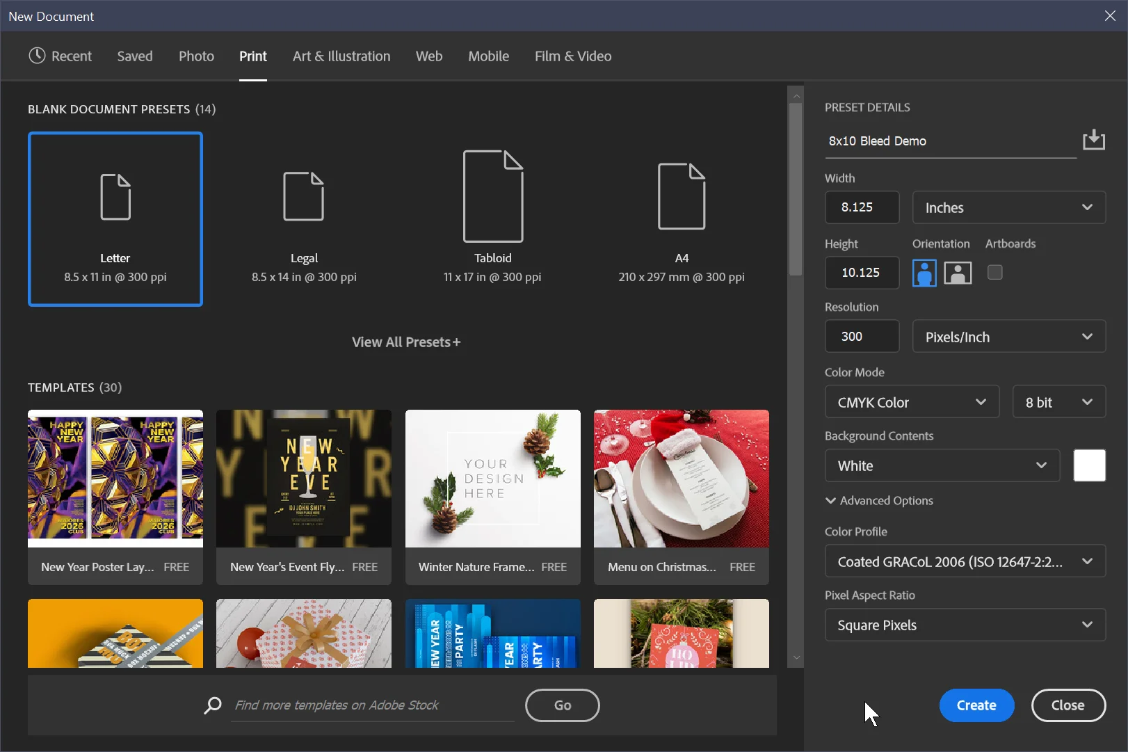 Photoshop New Document dialog