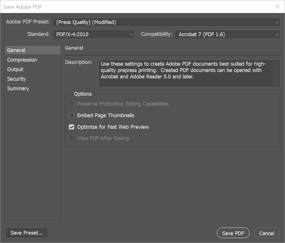 Photoshop Save as PDF dialog